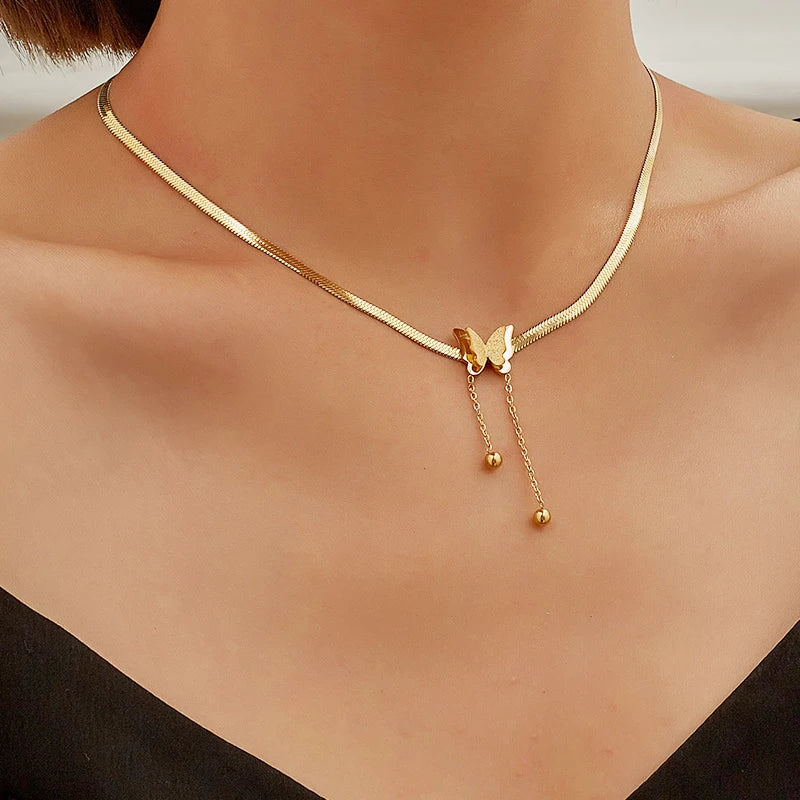 18k Gold Plated Stainless Steel Snake Chain Necklace Simple butterfly Pendant for Women Girls