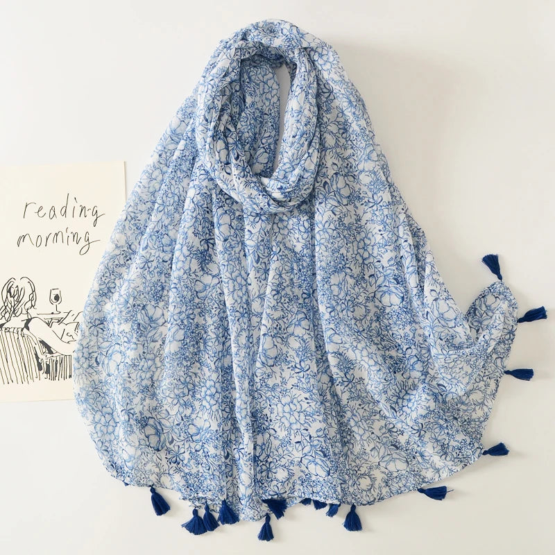Wholesale 2024 Summer Soft Thin Cotton Voile Flower Printed Scarfs Hijab Fashion Arabic Head Wraps White Blue Floral Print Scarf