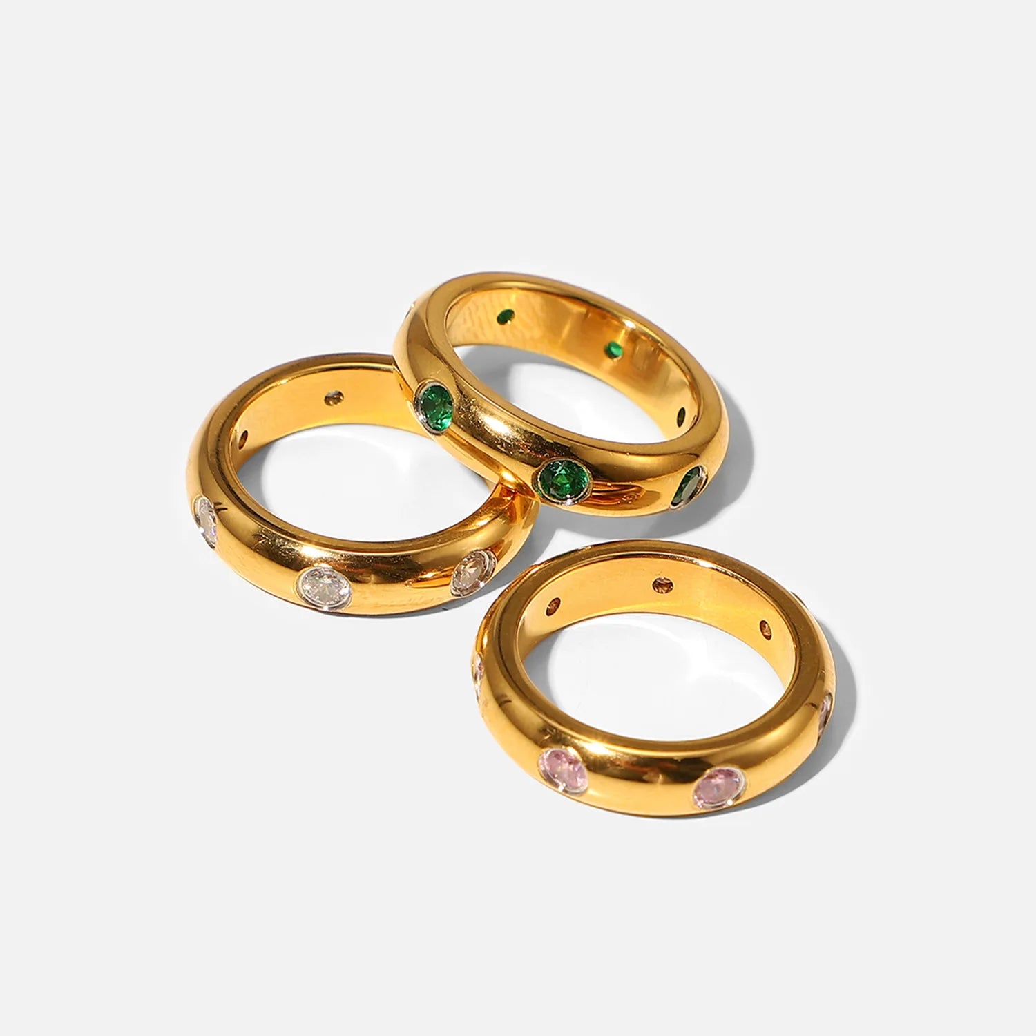 Fashion Ins Style 18K PVD Gold Plated Zircon Rings Stainless Steel Round Paved Clear Green Pink Zircon Finger Rings YF2527