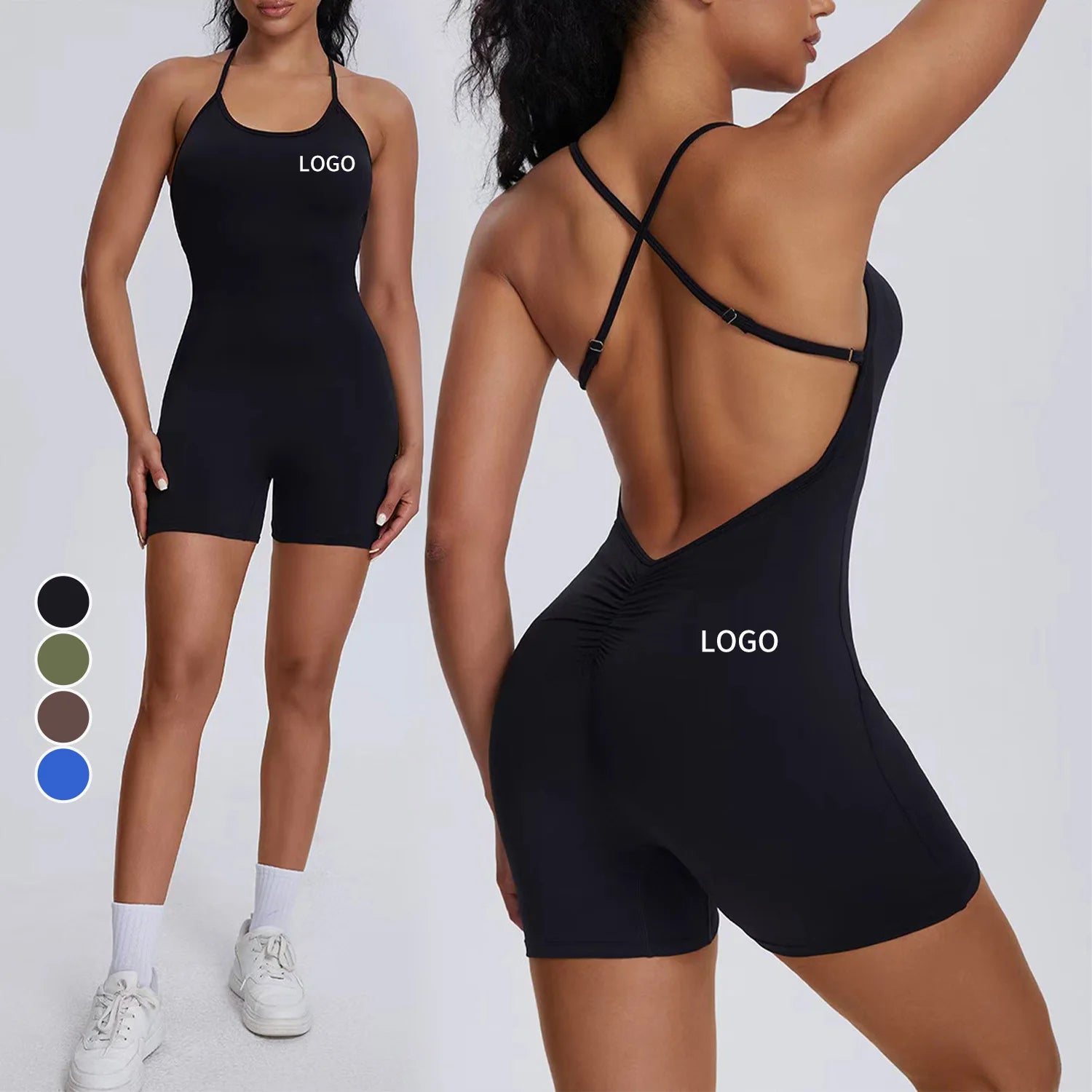 Custom Logo Quick-Drying Four-Way Stretch Breathable Spandex/Nylon Sports Bodysuit Backless Yoga Jumpsuit Casual Running Hip