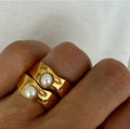 Vintage Pearl Ring Jewelry 18k Gold Luxury Bijoux Women Accessories Stainless Steel Stackable Lava Texture Pearl Finger Ring