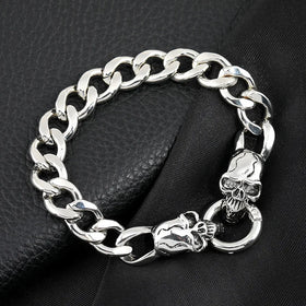 Hip-Hop Punk Personality Thick Titanium Steel Bracelet Silver Cuban Link Chain Charm Skull Bracelet for Men