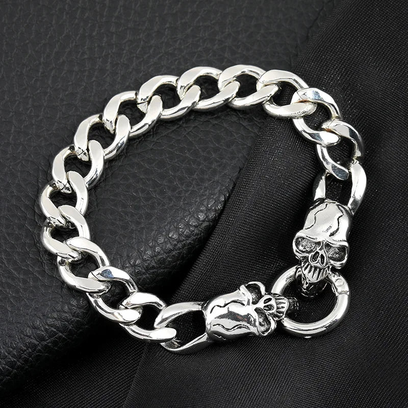 Hip-Hop Punk Personality Thick Titanium Steel Bracelet Silver Cuban Link Chain Charm Skull Bracelet for Men