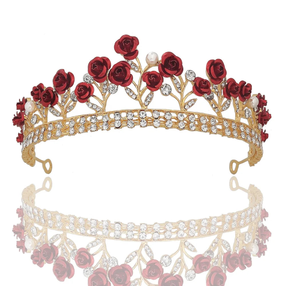 New Alloy Gold Red Rose Flower Crystal Wedding Jewelry Wholesale Women Crown