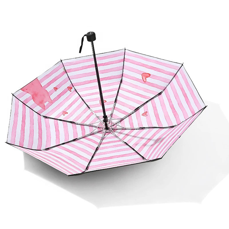 Best Quality 3-Fold Compact Pink Blue Striped Print Sun Parasol Manual Control Foldable Umbrella for Women for Business Gifts
