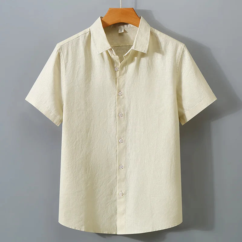 RNSHANGER Fashion Men's Pure Linen Short Sleeve Casual Shirts Summer Comfort Solid Cardigan Japanese Style Loose Shirt for Male