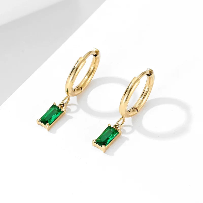 2023 New Arrival Stainless Steel Green Zircon Dangling Charm Huggie Hoop Earrings 18K PVD Gold Plated Hooks Women's Earrings