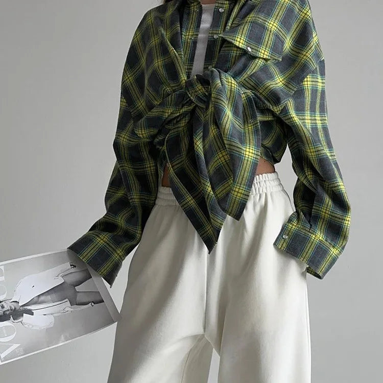 Enyami Autumn Spring Preppy Style Casual Leisure Plaid Printed Long Sleeves Ladies Loose Top Women Blouse Shirt