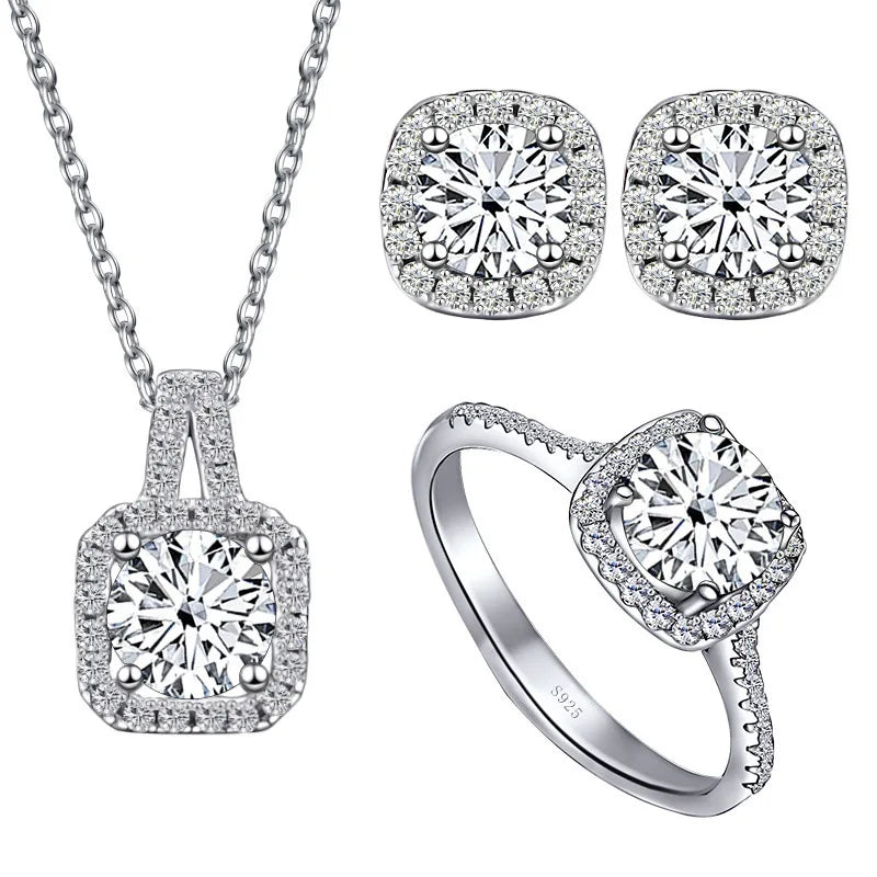 Simple Fashion Wholesale Price Sterling Silver Cute Moissanite Set Earring Ring Necklace 1ct 2ct Round Wedding Jewelry for Women