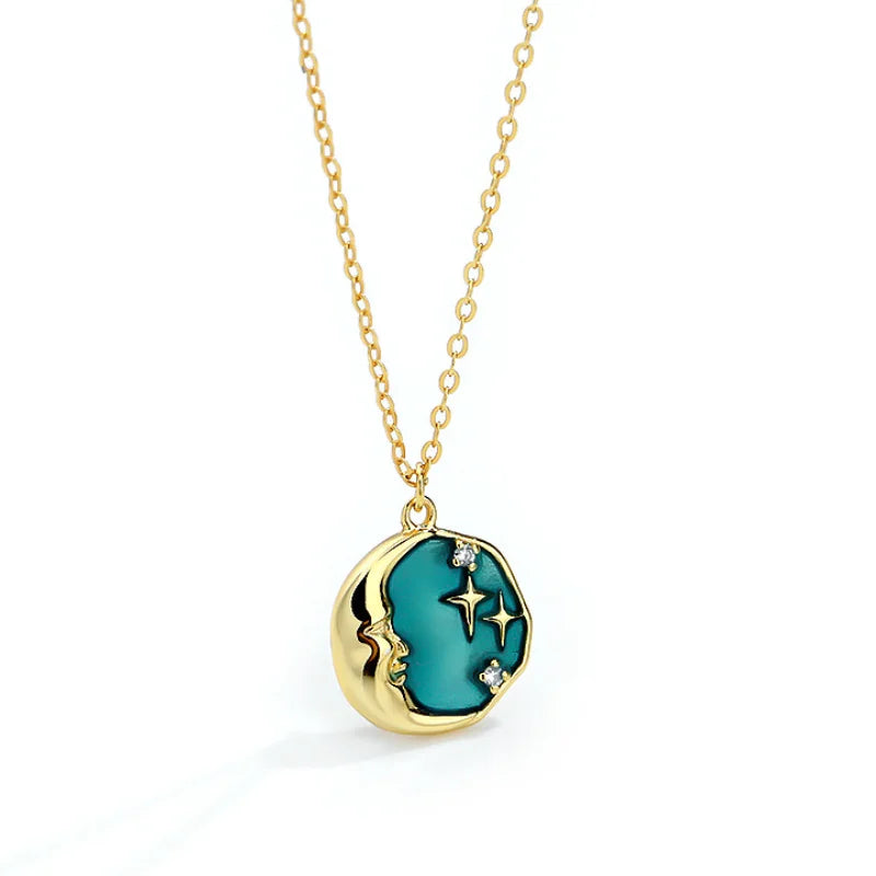 Trendy 45cm Long Moon and Star Enamel Necklace 925 Sterling Silver Necklaces White CZ Gold Pated Jewelry for Women