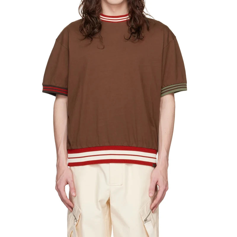 OEM Summer Short Sleeve Crew Neck Stripe Rib Knit Cuff Breathable Cotton T-shirt Men 220 Grams