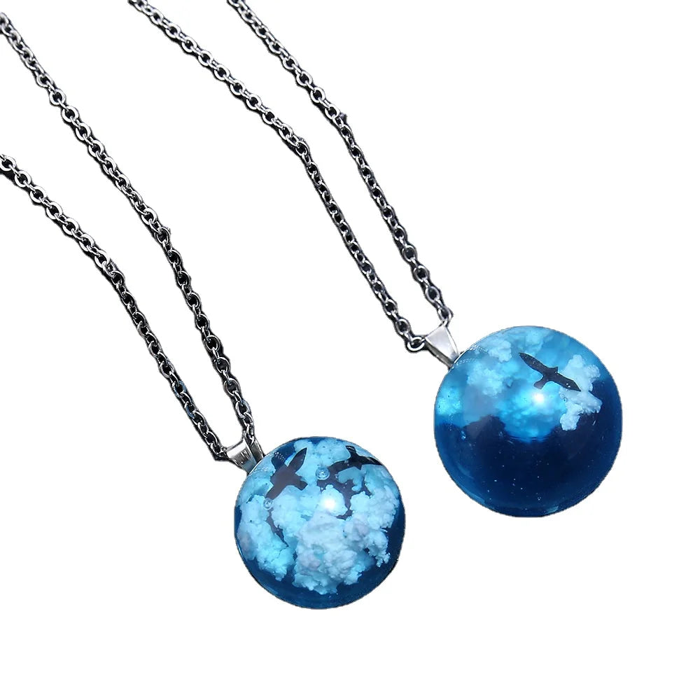 Luminous Resin Round Ball Moon Pendant Necklace Women Blue Sky White Cloud Chain Necklace Fashion Jewelry Gifts for Girl