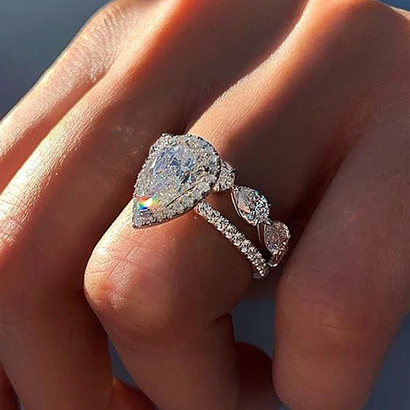 CAOSHI Gift Fashion Jewelry Delicate AAA Pear Crystal Zircon Women Proposal Ring Wedding Bridal Rings Set