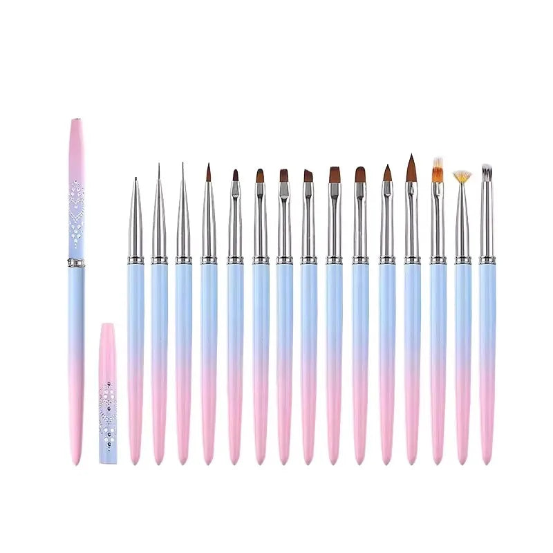 EYL Custom logo 15pcs Nail Art Brushes Set Ombre Metal Handle Paint Round Oval Gel Builder Nail Art Tools Liner Nail Brush Set
