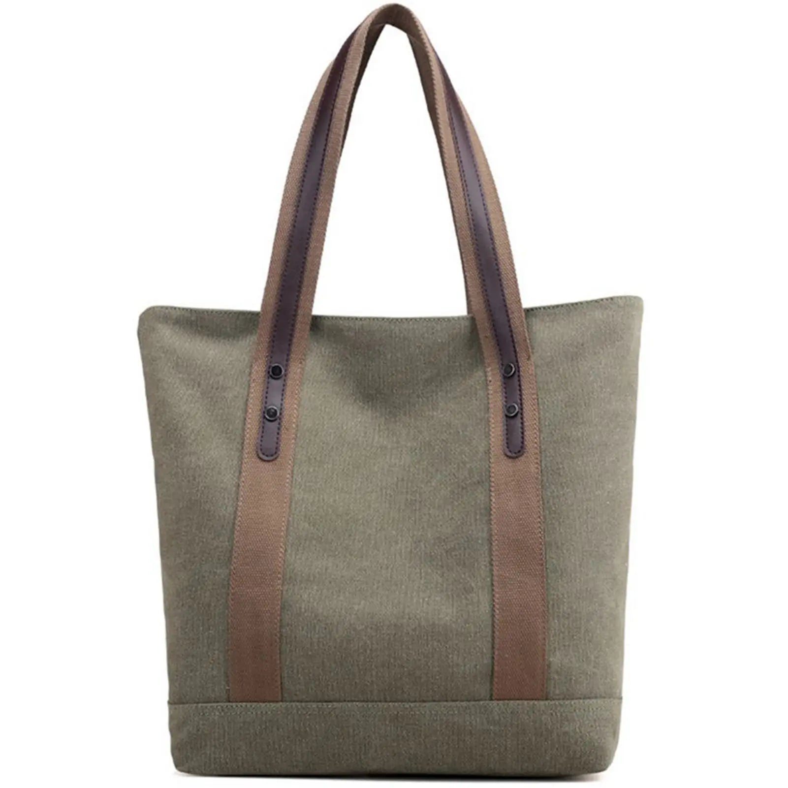 Olive Green Slouchy Boxy Canvas Tote Bag With Zipper and Leather Handle for Teachers Moms Womens Ladies