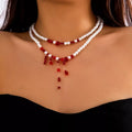 SHIXIN Multilayer White Imitation Pearl Necklace for Women Red Crystal Beads Tassel Pendant Choker Jewelry Collar Party Gifts