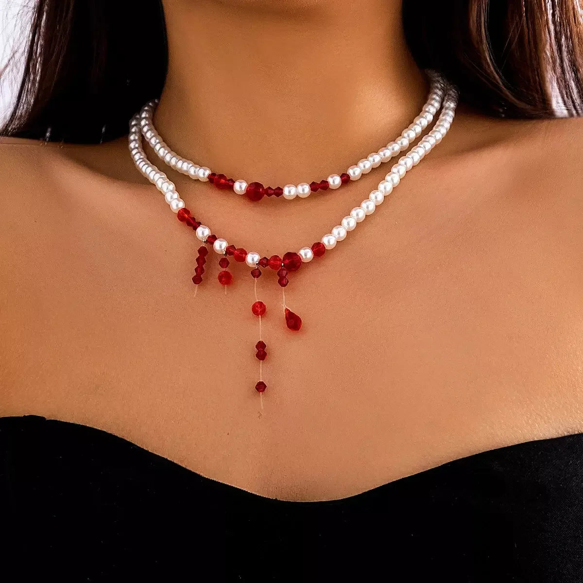 SHIXIN Multilayer White Imitation Pearl Necklace for Women Red Crystal Beads Tassel Pendant Choker Jewelry Collar Party Gifts