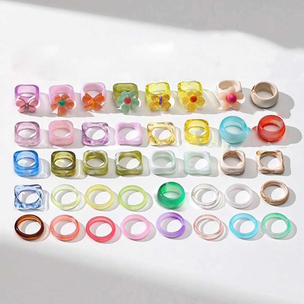 40pcs Pack Cheap Resin Acrylic Ring for Women Teen Girls Chunky Aesthetic Trendy Colorful Cute Jewelry Bulk Statement Dome Rings