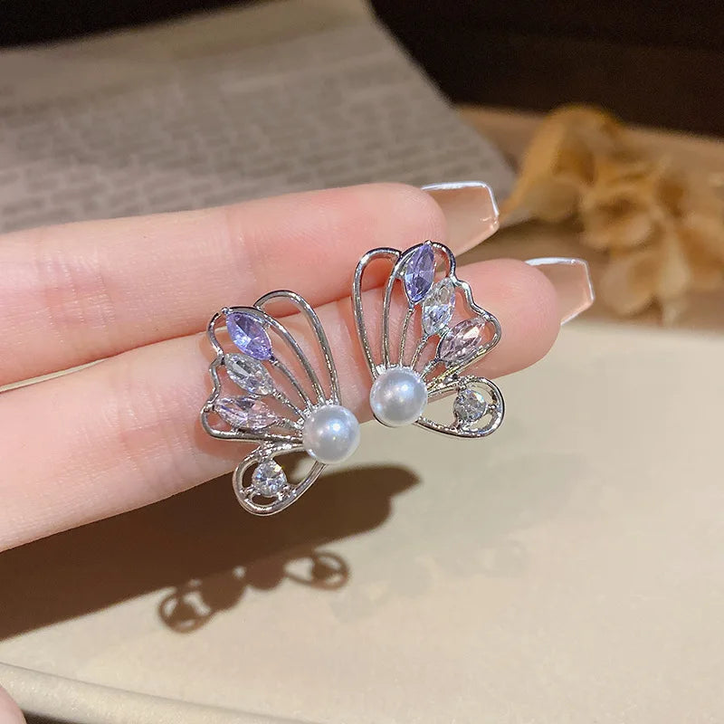 S925 Silver Needle Hollow Butterfly Earrings 18k Gold Plated Shiny Zircon Cz Bow Earrings Crystal Pearl Earring