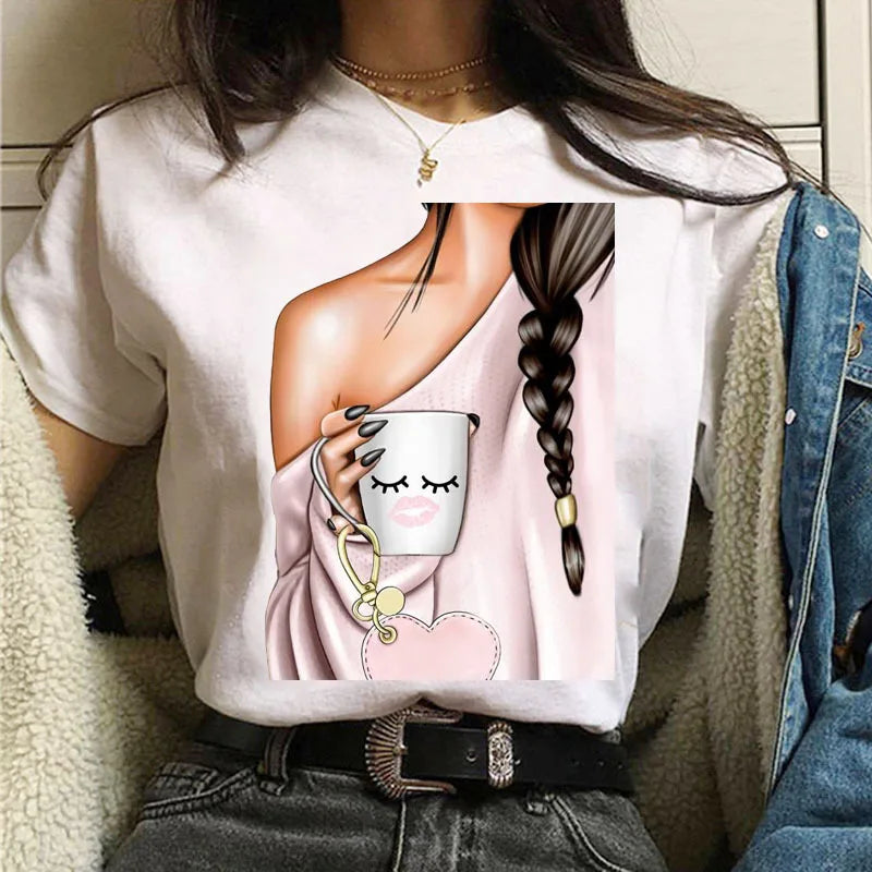 Coffee Girl Casual Women's T-shirt New Black Girl's Top Round Neck Y2K Harajuku 90S Fashion Short Sleeve ClothesDrop Ship