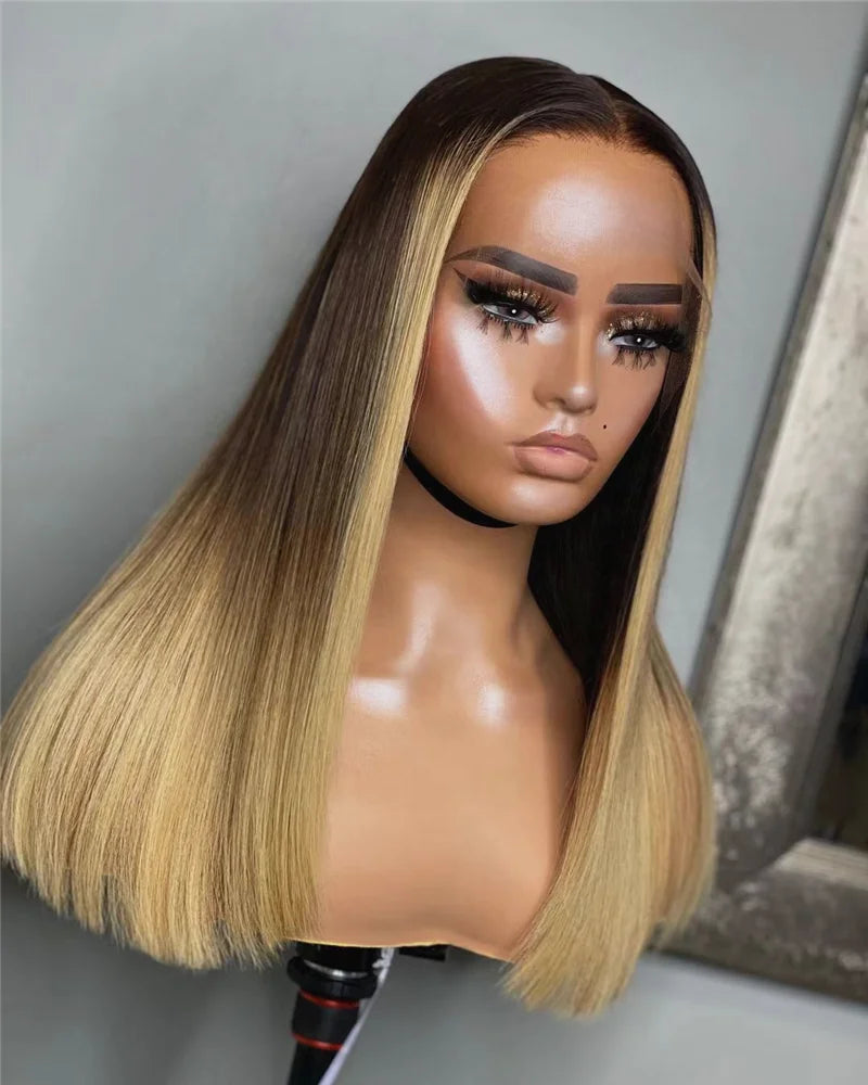 Peruvian Glueless HD Honey Blonde Highlight Bone Straight Lace Frontal Wigs Cuticle Aligned Human Hair Wig for Black Women