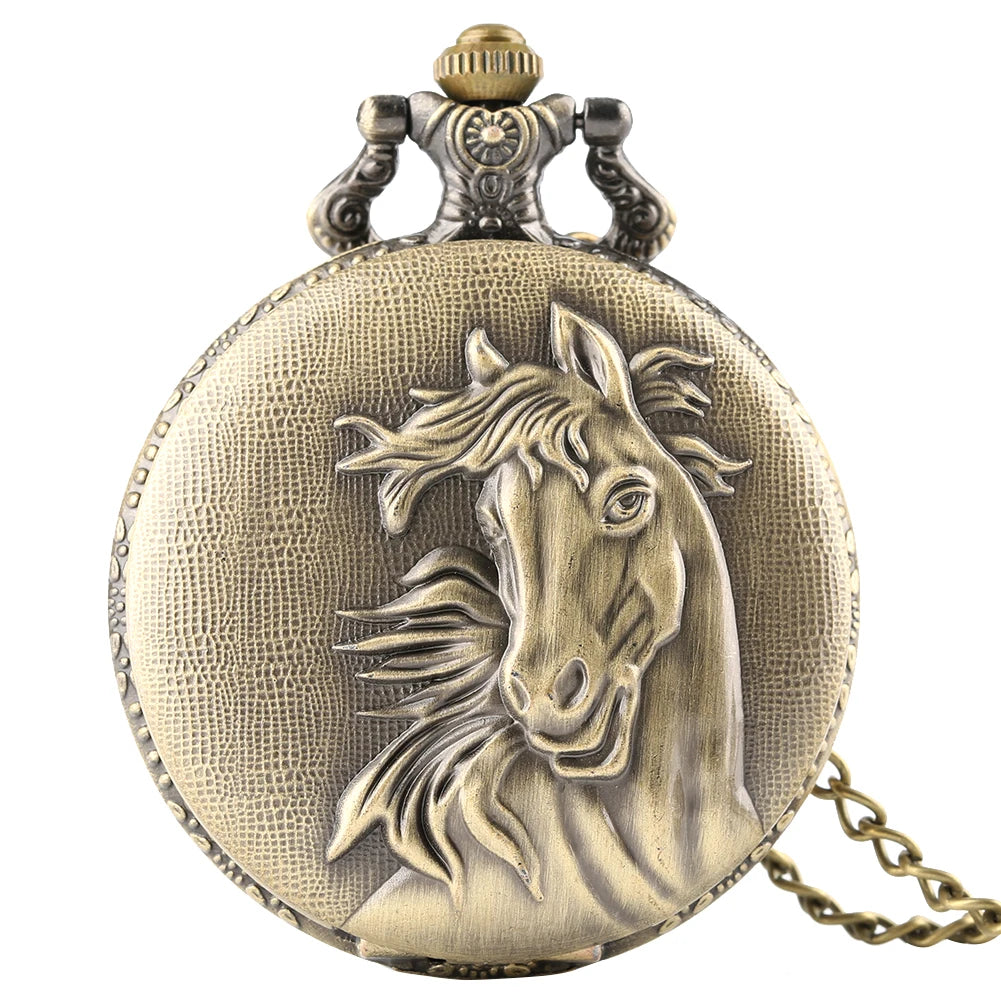 Vintage Metal Craft 3D Animal Horse Necklace Clock Quartz Pocket Watch With Chain for Collection