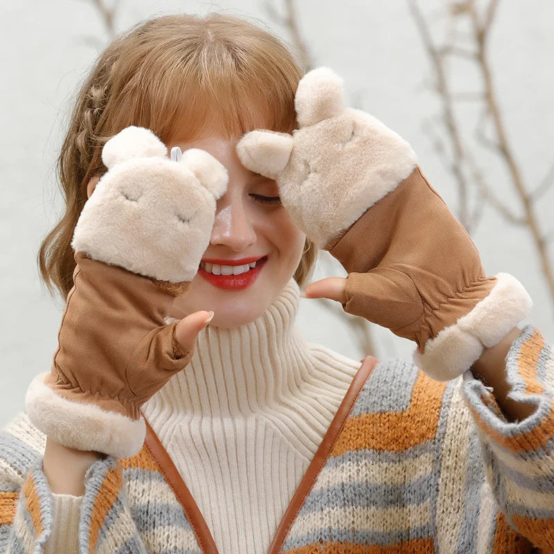 Wear- Resistant Ladies Soft Feeling Riding Gloves Foldable Fur Lined Gloves