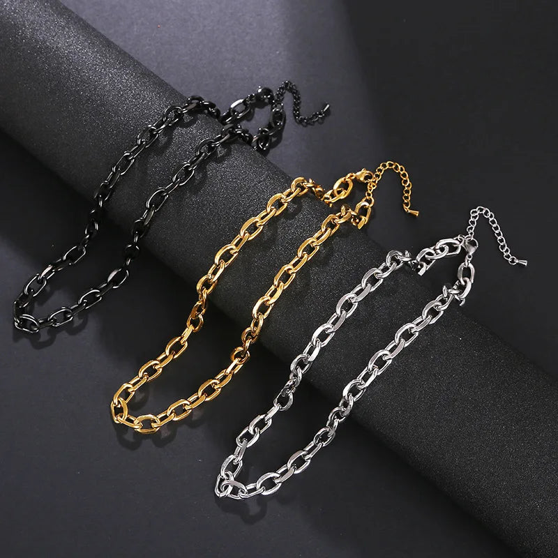 New Fashion Minimalist 18K Gold Plated Silver Black Stainless Steel Link Chain Necklace for Women Trendy Jewelry