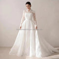 Customized New Style Fashion Lace Long Sleeve Embroidery Detachable Long Train Wedding Dresses