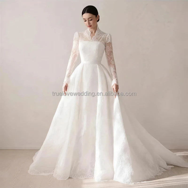 Customized New Style Fashion Lace Long Sleeve Embroidery Detachable Long Train Wedding Dresses