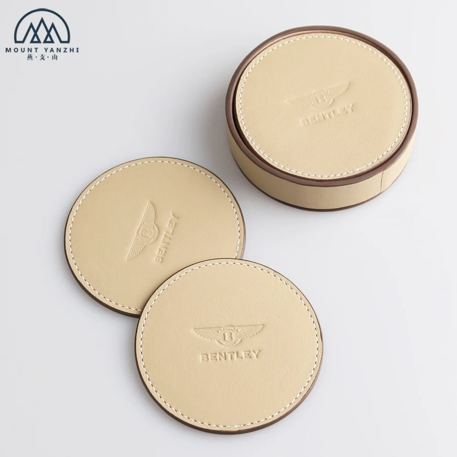 Custom Logo Embossed Engraved Europe Style Waterproof Genuine Leather Durable Promotional Drink Coasters Set Holder Tray Colors
