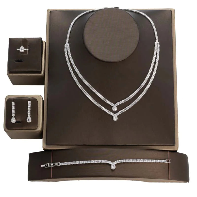 Double Layer Water Drop Shaped Pendant Necklace Cubic Zircon Bridal Jewelry Set Wedding Accessories BN8367