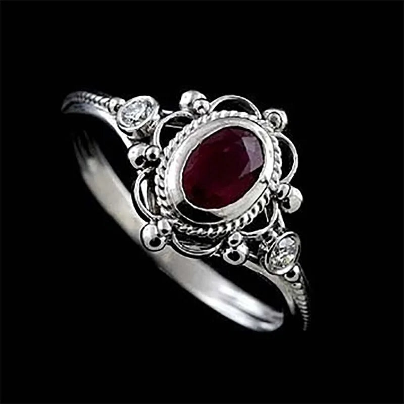 Classic Thai Silver Black Ring with Ruby Ladies Engagement Wedding Band New Style Alloy Jewelry