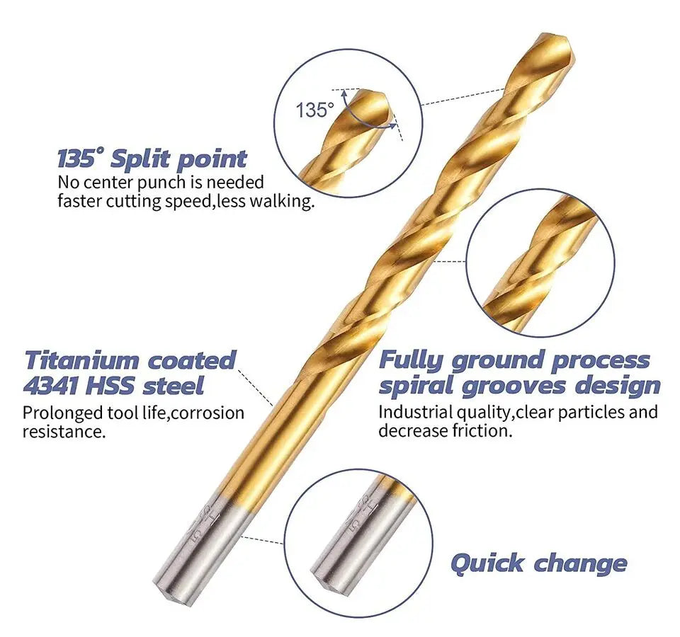 15pcs-set Titanium Cobalt HSS Jobber Drill Bits Set Twist Drill Bits with Case Ranging From 1/16" to 3/8"