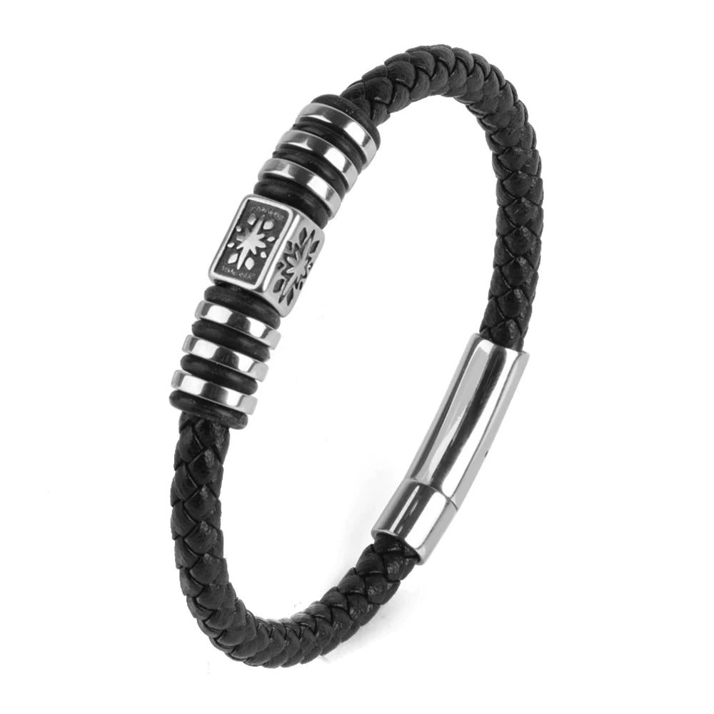 Stainless Steel Mechanical Buckle Brown Black Braided Leather Bracelet for Men