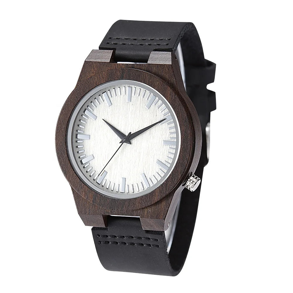 Customized Luxury Men's Quartz Watch Seiko Movement Business Charm Style Ebony Wooden Case Leather Band Pointer Fashionable