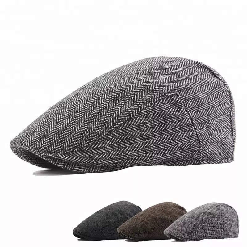 Wholesale in Stock Men Fall Spring Autumn Herringbone Cabbie Golf Wool Sports Beret Cap Tweed Ivy Flat Cap Hat for Men