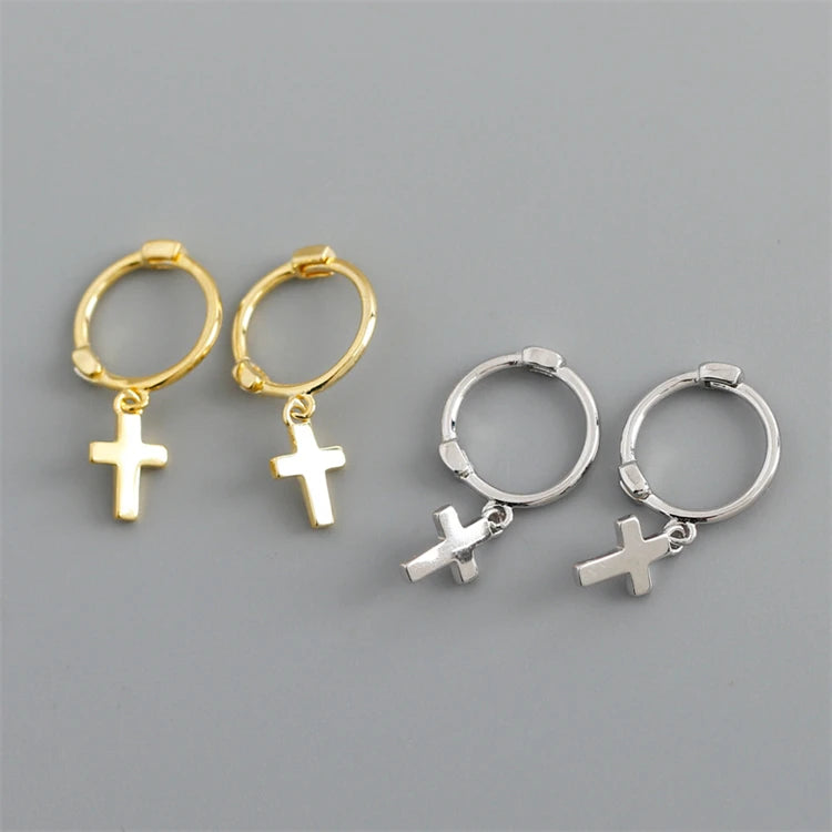 Fashion 925 Sterling Silver 18k Gold Plated Glossy Cross Hoop Earrings for Women