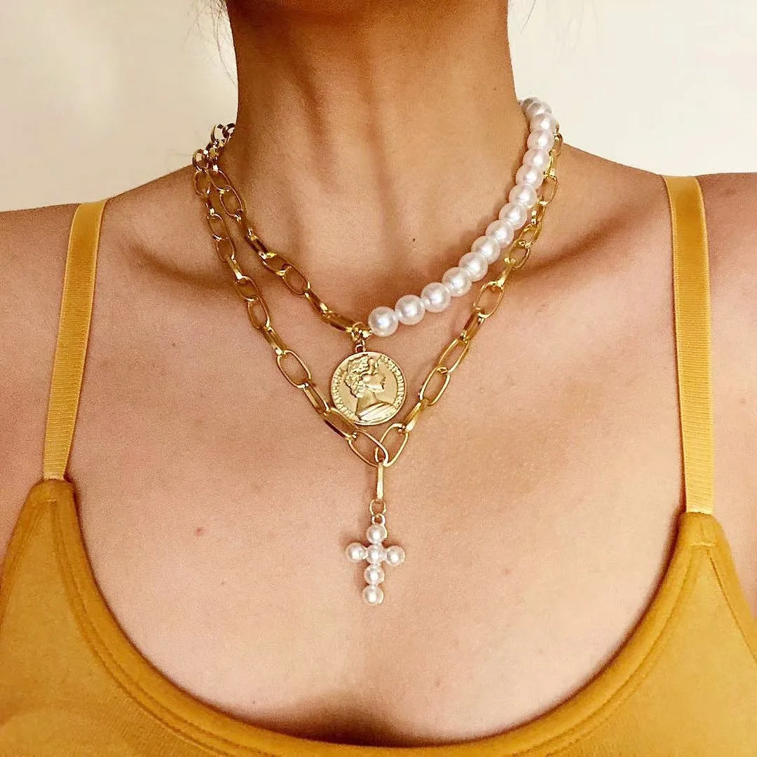 HOVANCI Punk Coin Chain Necklace 6 for Women 2Pcs/set Gold Pearl Bead Choker Gothic Multilayer Pendant Necklaces Jewelry Party