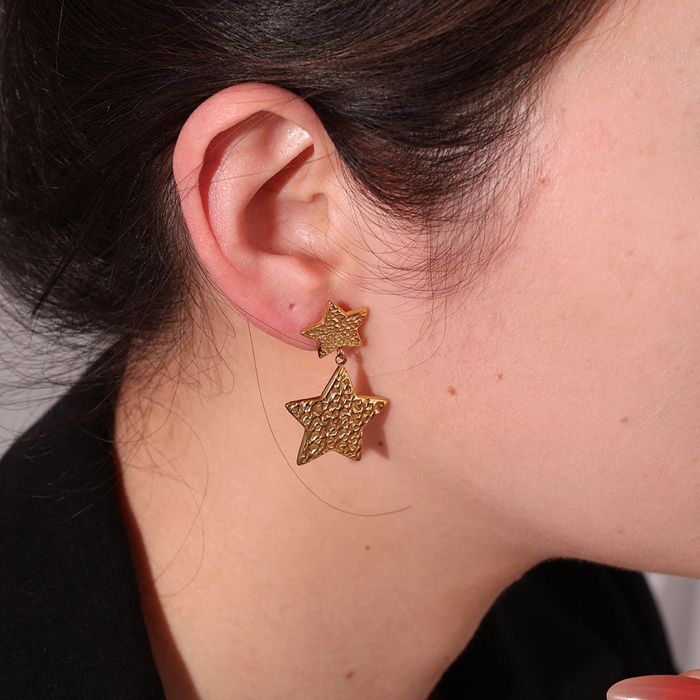 Vintage Stainless Steel 18K Hammered Double Heart Star Round Geometric Shape Tassel Earrings Gift for Women Gold Plated  Jewelry