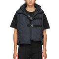 OEM Custom Logo Men Asymmetric Hem Stand Collar Sleeveless Strap Zip up Buckle Nylon Hooded Down Puffer Vest Men