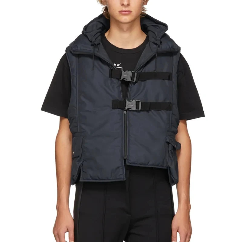 OEM Custom Logo Men Asymmetric Hem Stand Collar Sleeveless Strap Zip up Buckle Nylon Hooded Down Puffer Vest Men