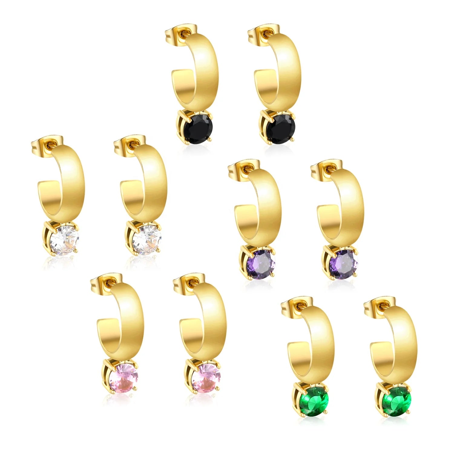 Personality Colorful Zircon Earrings CC Shape Non Tarnish 18K Gold Plated Stainless Steel Sparkling Cubic Zircon Earrings Women