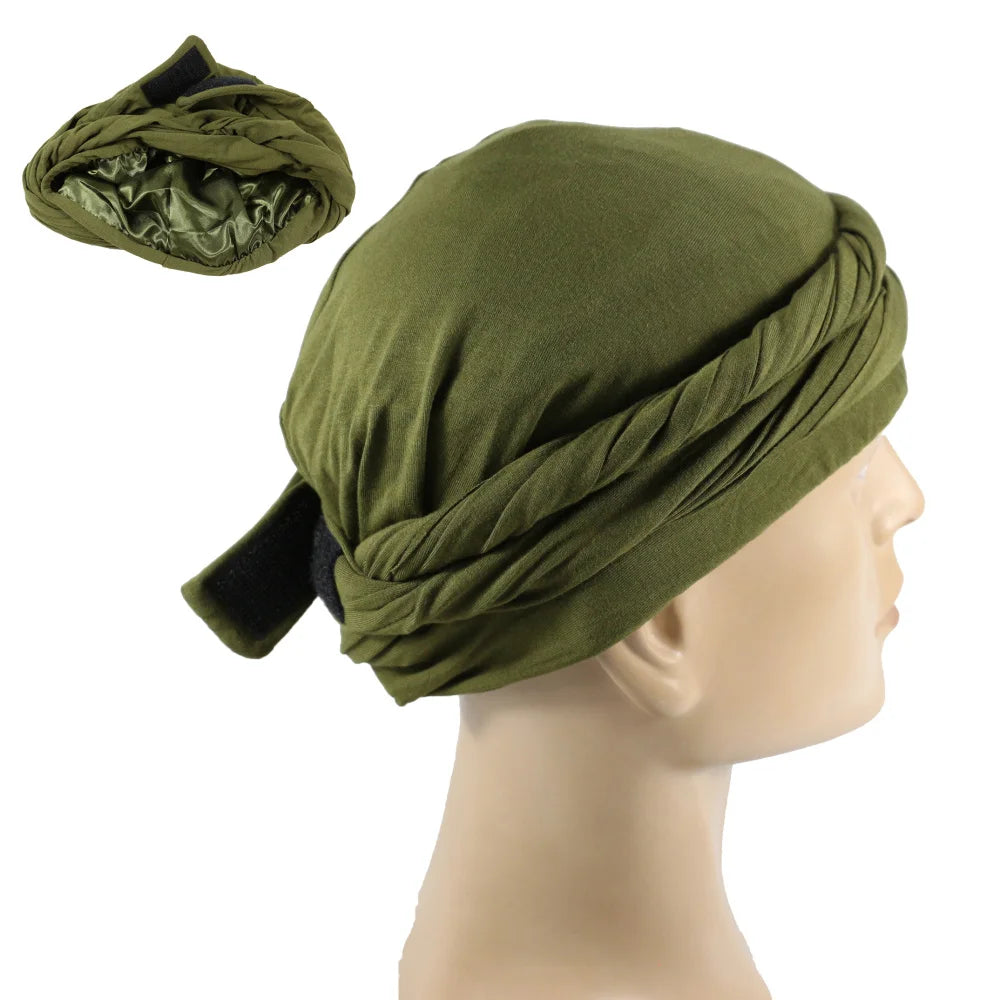 HZM-23398 Turban for Men Pre-Tied Traditional Head Wrap Satin Lined Soft Modal Fabric Bonnet With Magic Tape