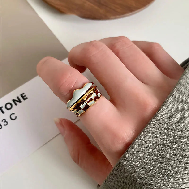 Enamel Oil Drip Checkerboard Ring Female Niche Design High-end Ring Stainless Steel Does Not Fade Exquisite Jewelry