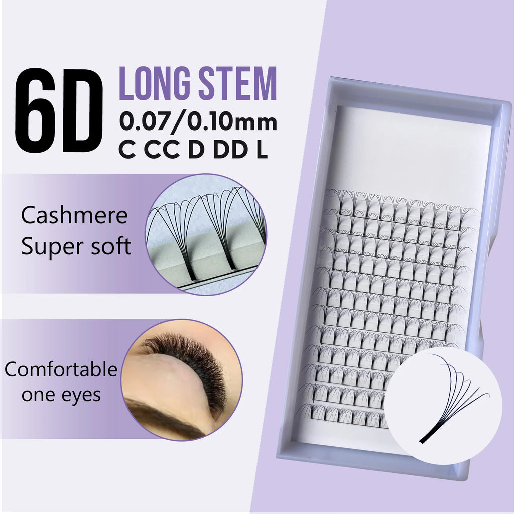 High Quality ultra Black Premade Fans 6D 0.07 0.10 c d Curl Long Stem Lash Extension Promade Fans Individual Eyelash Extensions