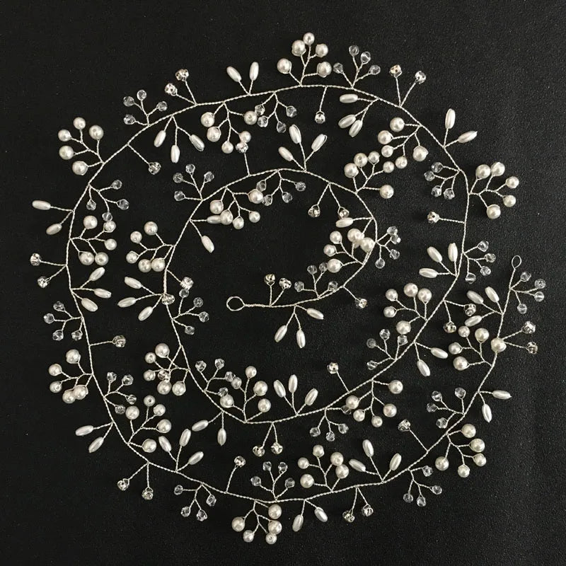 SLBRIDAL Handmade 1M Long Crystal Simulated Pearls Wedding Hair Vine Bridal Headpieces Headband Hair Accessory Bridesmaids