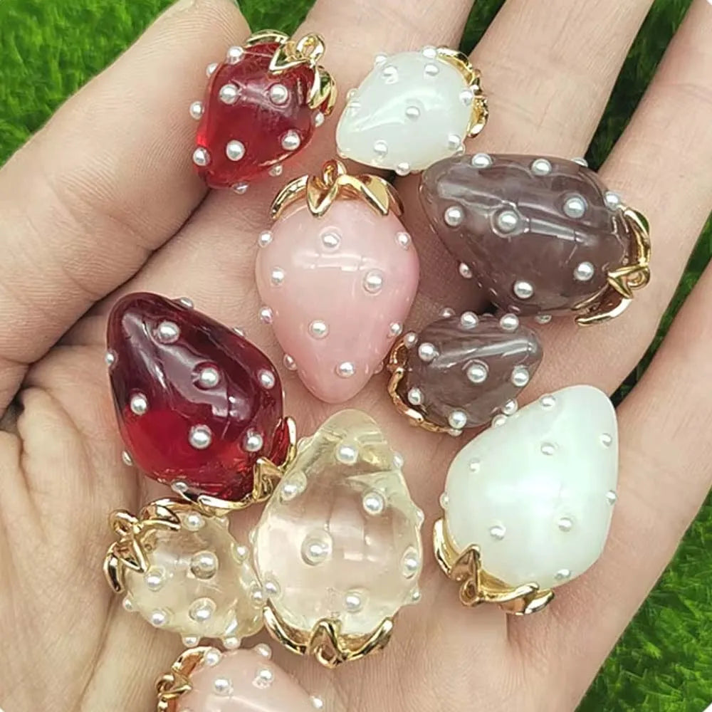 3D Mini Strawberry Models Resin Beads White Pink Color Fruit Charms Fiy Drop Earrings Bracelets Necklace Accessories