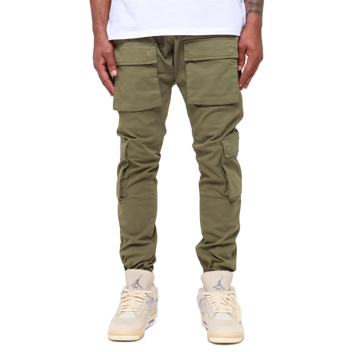 Custom logo Elastic Sweatpants No Drawstring Side Pocket Fitted  Cargo Sweatpants