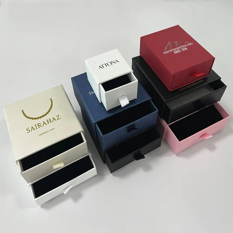 Custom Premium Matte Gold Foil Stamping Logo Square Rigid Cardboard Sponge Lined Jewelry Box Packaging Recyclable Grey Board